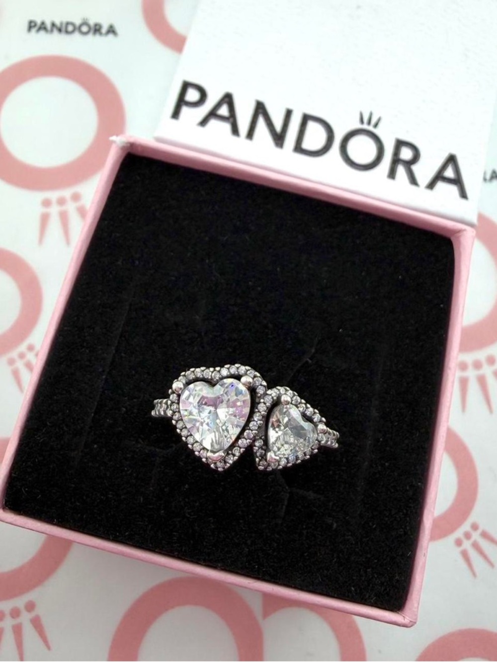 PANDORA Silver ALE Sparkling Halo Hearts Ring